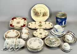 JASPERWARE TYPE BISCUIT BARREL, Coronet ware plate, Myott Art Deco teaware and other including Royal