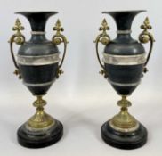 BLACK SLATE & MARBLE URNS, A PAIR - 19th century with gilded ormolu mounts, 30cms H