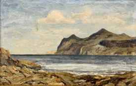 THOMAS HUSON oil on board - coastal view looking towards cliffs, 18.5 x 28.5cms