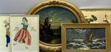 OVAL OIL ON GLASS - reverse painted, moonlit coastal scene with boats and figures, 35.5 x 44cms,