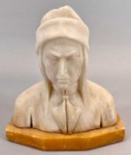 ITALIAN CARVED ALABASTER BUST - 19th century 'Dante' on marble base, 13cms H