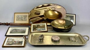 METALWARE ASSORTMENT to include EPNS tea service ware, a long EPNS tray, a brass long handled bed