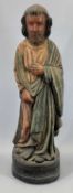 PAINTED CARVED WOODEN STATUE - a bearded man wearing robe and holding a quill pen, 64cms H