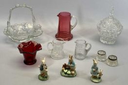 CRANBERRY GLASS JUG with ribbed clear glass handle, 15cms H, a pair of circular cut glass open salts