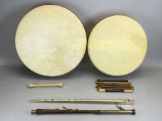 BODHRANS (CELTIC INSTRUMENT) - two, and two flutes, one labelled 'Shaw'
