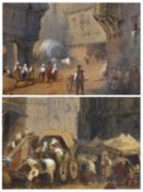 UNSIGNED WATERCOLOURS (2) - Georgian street scenes, including people, carts and wagons, 28 x 21cms