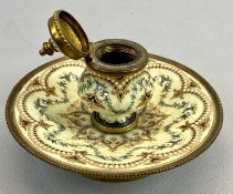 FRENCH ENAMELLED PORCELAIN & ORMOLU DESK STAND - circa 1870, baluster form inkwell with hinged