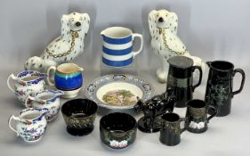 STAFFORDSHIRE DOG PAIR, 29cms tall, T G Green type jug, Jackfield assortment including creamer,