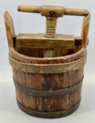 A COOPERED SOFT WOOD WINE PRESS - with wooden screw, 40cms H, 28cms W