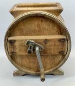 AN ANTIQUE COOPERED PINE TABLETOP BUTTER CHURN - 42cms H, 38cms W