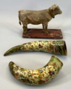 HORNS (2) - painted with Eastern hunting scenes, 30cms the largest and a Victorian papier mache
