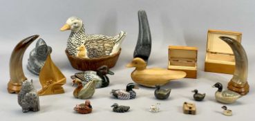 POLISHED COW HORNS, A PAIR - mounted on wooden stands, 21cms H, carved stone Inuit figure, 15cms