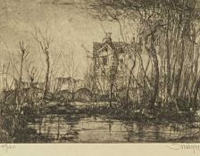 INDISTINCTLY SIGNED pen and ink etching limited edition (49/60) - old buildings at water's edge,