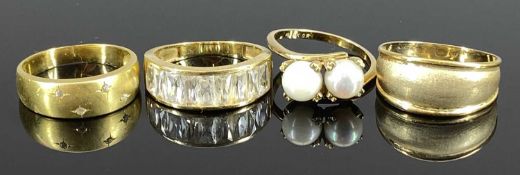 VARIOUS GOLD/YELLOW METAL RINGS (4) - one set with baguette cut pastes stamped '750 A1', Size S, 4.
