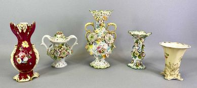 ENGLISH PORCELAIN VASES - mid 19th century, a collection of 5, Coalbrookdale floral encrusted vase