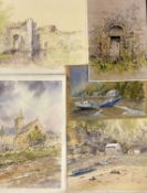 JOANNE THOMAS (British 20th century) watercolours (4) - Castle ruins with moat, 38 x 56cms,
