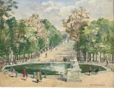 HERMIONE HAMMOND oil on board – Parisian fountain with figures and statue in foreground, signed