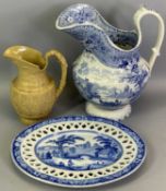 BLUE & WHITE TRANSFER DECORATED OVAL PLATE – floral border, fret pierced frieze, the centre