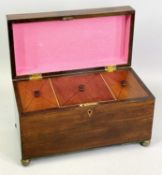 VICTORIAN MAHOGANY DOUBLE TEA CADDY - of rectangular form, on gilded ball feet, the interior