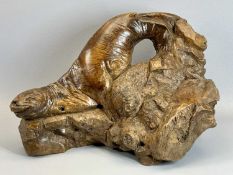TREEN – a large wood carving, possibly 19th century, a seal and pup, carved using the natural
