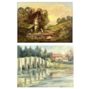 RONALD HORSEWELL acrylic oil on canvas - figures and ducks outside water mill, signed lower right,