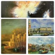 PERRY (British 20th century) atmospheric oil on board - boats in harbour with Conwy Castle, signed