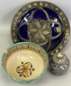 IZNIK STYLE POTTERY BOWL – in cobalt blue overlaid with white metal mounts, 26cms diameter, an