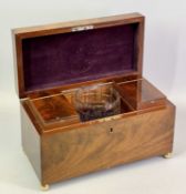 MAHOGANY DOUBLE TEA CADDY - late 19th century, of rectangular form, on gilded ball feet, the