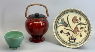 EDWARD R WILKES - flambe glazed biscuit barrel and cover, circular body and foot, black glazed cover