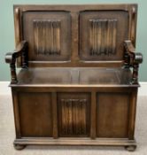 VINTAGE OAK MONK'S BENCH - with linenfold detail, on turned bun feet, 78cms H (top down), 108cms