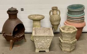 GARDEN ITEMS - to include planters, metal chiminea, bird bath ETC