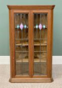 VINTAGE OAK HANGING CORNER DISPLAY CUPBOARD - having twin coloured glass leaded doors and interior