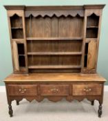 REPRODUCTION OAK SHROPSHIRE DRESSER - with dentil moulded cornice and shaped front frieze, over