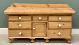 VICTORIAN STRIPPED PINE KITCHEN DRESSER BASE - having a railback 3cms thick top over a base