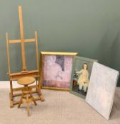 ARTIST'S ITEMS - light wood, adjustable and floorstanding easel, a rise and fall stool and three
