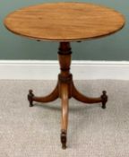 CIRCA 1830 MAHOGANY TILT TOP TRIPOD TABLE - having a 69cms diameter top, on a turned column base and