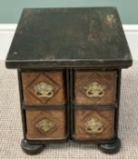 SMALL OAK FOUR DRAWER TABLETOP CABINET/MOCK-UP FROM AN OLD TREADLE SEWING MACHINE - 33cms H, 33cms