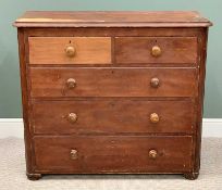 VICTORIAN STAINED PINE CHEST - having two short over three long drawers, with turned wooden knobs,