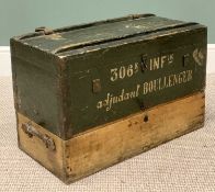 VINTAGE IRON BANDED TWO COMPARTMENT BOX - with leather carry handles, marked to the front 