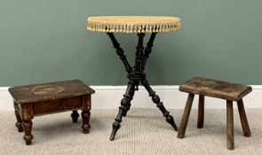 VICTORIAN EBONIZED GYPSY TABLE - 67cms H, 54cms diameter & TWO VINTAGE STOOLS - 31cms H, 35cms W,