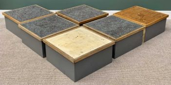 SIX PEDESTAL DISPLAY STANDS - with carpeted inserts to the top of four, 31cms H, 64x64cms square