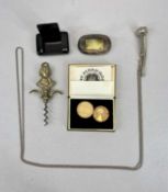 19TH CENTURY OVAL HORN SNUFF BOX and a later plastic snuff box, a nickel Bosun's whistle with