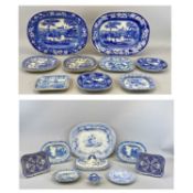 BLUE & WHITE TRANSFER PRINTED DINNERWARE circa 1830 and later including oval meat plates, a pair,