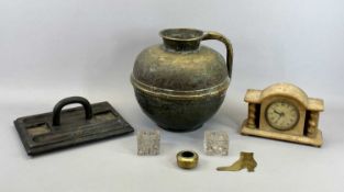 LARGE CIRCULAR BRASS WATER JUG, 19th century, with loop handle, 30.5cms H, alabaster dome top mantel