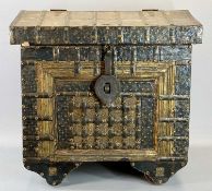 CONTINENTAL PINE TRUNK - of medieval appearance, heavily bound in metal and studded in brass with