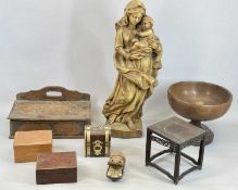CARVED SOFTWOOD STATUE - 20th century, Mary and Baby Jesus, 53cms H, turned oak fruit bowl on wooden