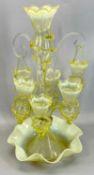 VICTORIAN YELLOW & VASELINE GLASS EPERGNE - central tall flute, three side flutes and three barley