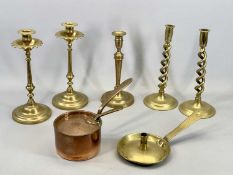 19TH CENTURY COPPER SAUCEPAN & COVER with brass handles, 14cms diameter, a pair of brass