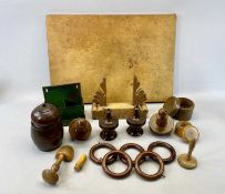 A 19TH CENTURY WOODEN CHOPPING BOARD with inset strips, 61 x 42cms together with a collection of