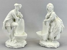 MEISSEN WHITE GLAZED FIGURES, A PAIR - circa 1860, young man and woman with baskets, blue crossed